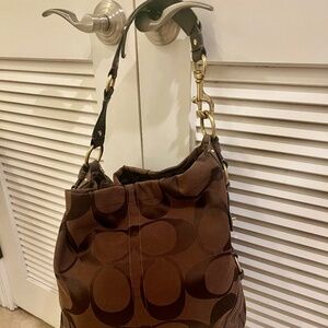 COACH Carly Dark Chocolate Brown Monogram leather and cloth Bag